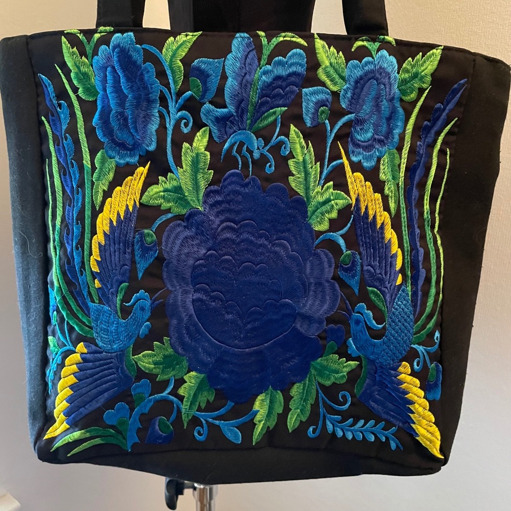 Handmade Mexican Floral Peacock Embroidered Canvas Tote Bag Black Blue Boho